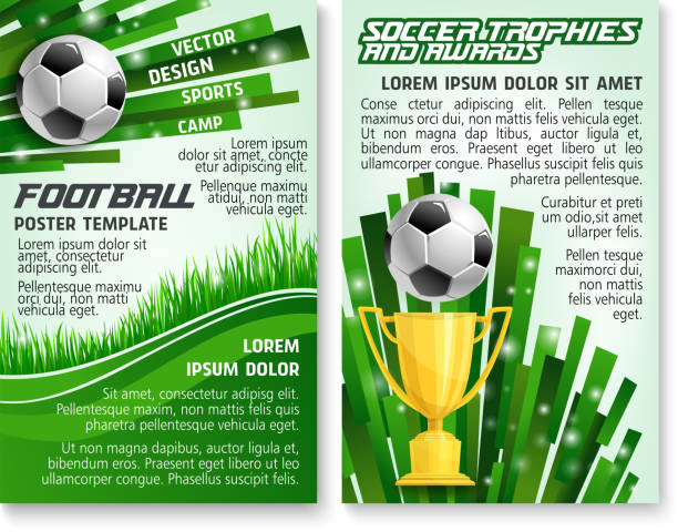 ilustrações, clipart, desenhos animados e ícones de bola de futebol e troféu no banner do estádio de futebol - trophy soccer sport success