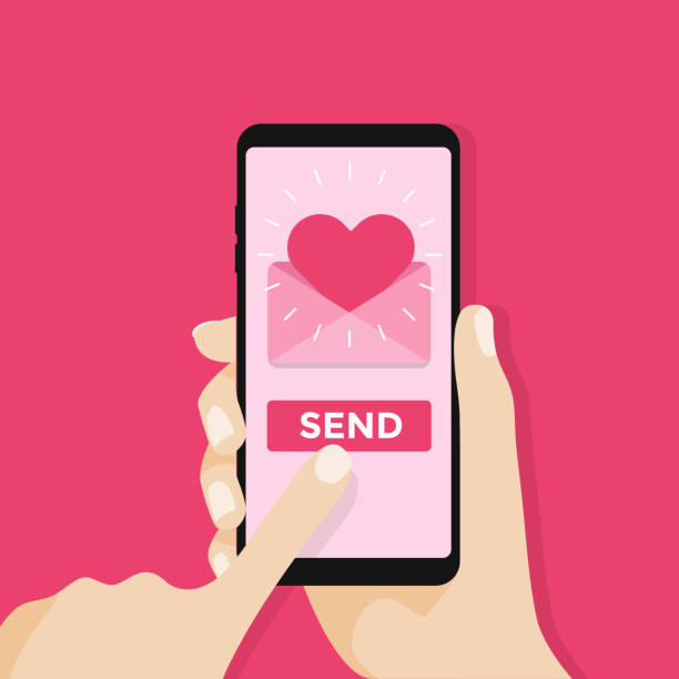 ilustraciones, imágenes clip art, dibujos animados e iconos de stock de enviar sms de amor, carta, correo electrónico con el teléfono móvil. - heart shape wing red vector