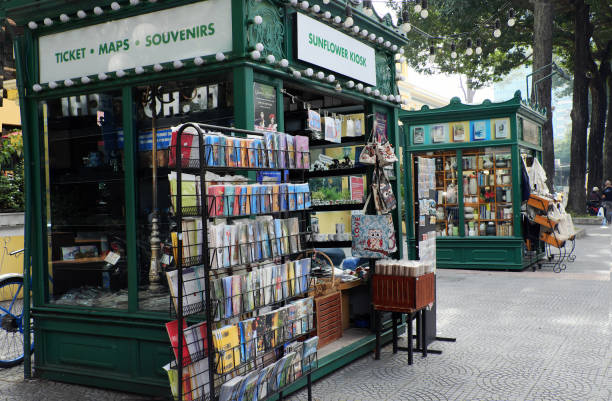HO CHI MINH CITY, VIET NAM- DEC 1, 2017: Book street with many bookstore at center of city, publishing company show colorful books outdoor of shop, reading culture decrease in modern society, Vietnam