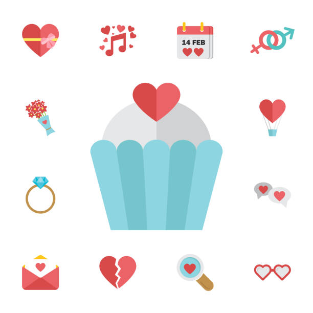 sevgililer cupcake simgesi kalp ile düz stil içinde kiraz şeklinde. dijital vektör şubat mutlu sevgililer günü ve düğün kutlama renk basit düz icon set - cherry valentine stock illustrations