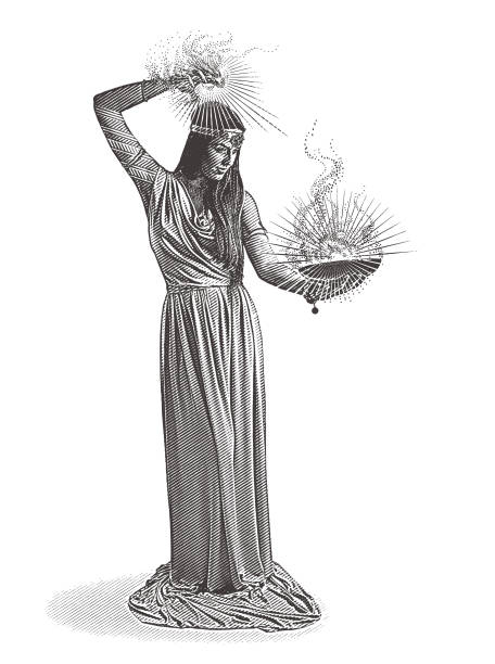 Vector engraving of a beautiful female wizard casting spell