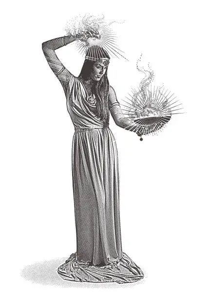 Vector illustration of Vector engraving of a beautiful female wizard casting spell