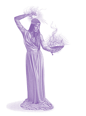 Vector engraving of a beautiful female wizard casting spell