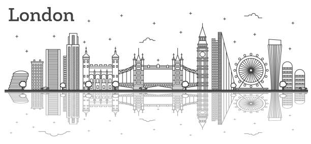 Outline London England City Skyline with Modern Buildings and Reflections Isolated on White. Outline London England City Skyline with Modern Buildings and Reflections Isolated on White. Vector Illustration. London Cityscape with Landmarks. london england illustrations stock illustrations
