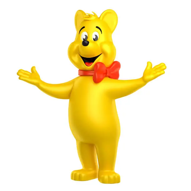 Concept Bear character with hands raised upwards on a white background. 3D rendering