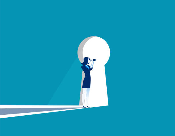 Businesswoman cautious looking out form through large lit up keyhole. Concept business vector illustration. Businesswoman cautious looking out form through large lit up keyhole. Concept business vector illustration. woman spying through a keyhole stock illustrations