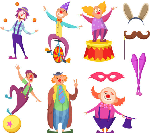 Funny clowns characters and different circus accessories Funny clowns characters and different circus accessories. Character cartoon clown, comedian and jester performance in costume, vector illustration clown stock illustrations