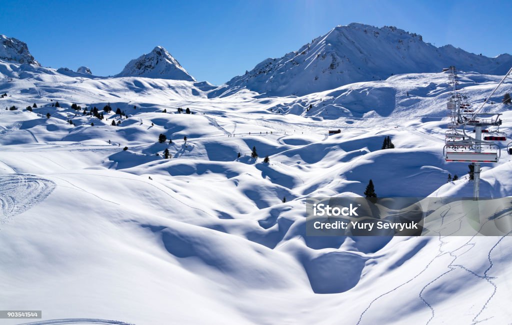 View of mountain tops. Ski resort of Paradiski, France Alpine climate Stock Photo