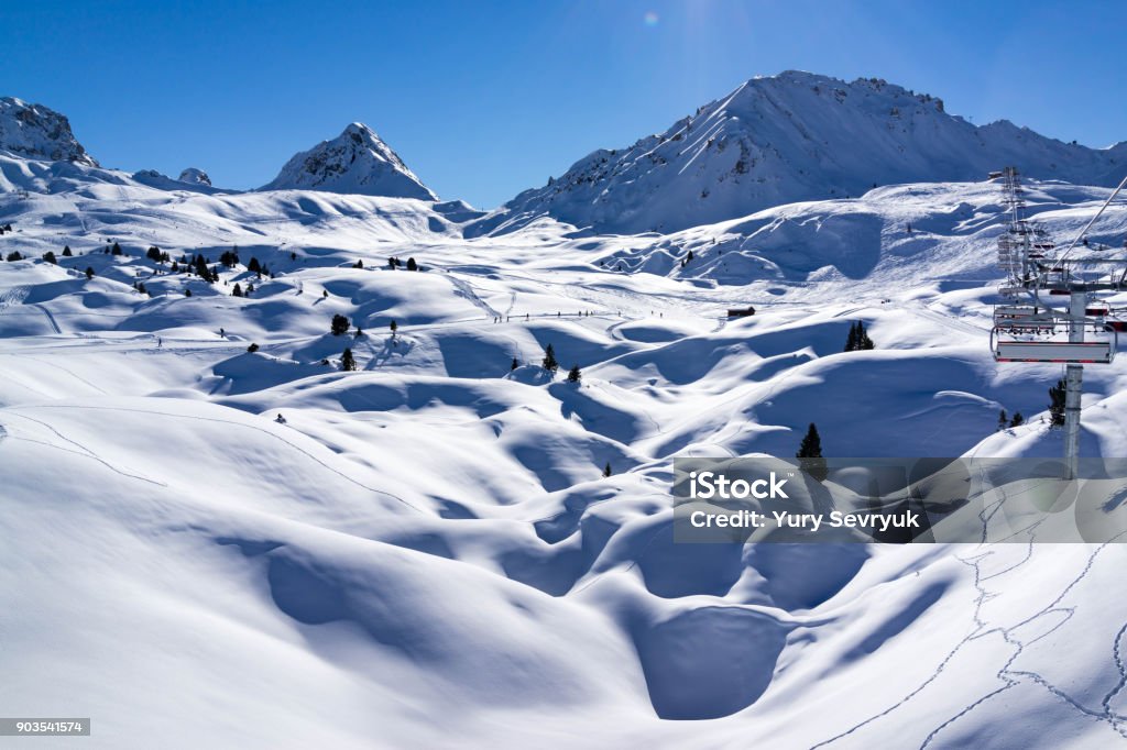 View of mountain tops. Ski resort of Paradiski, France Alpine climate Stock Photo