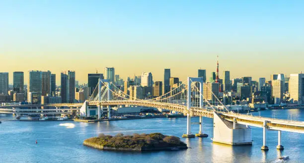 Asia Business concept for real estate and corporate construction - panoramic modern city skyline bird eye aerial view of Odaiba, tokyo tower & rainbow bridge under golden sun in Tokyo, Japan