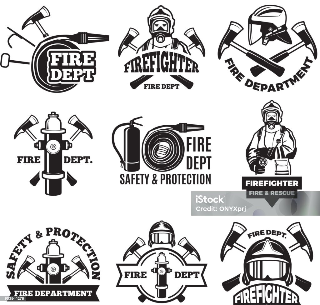 Einfarbige Etiketten für Feuerwehr festlegen. Bilder von Feuerwehrmann - Lizenzfrei Feuerwehrmann Vektorgrafik