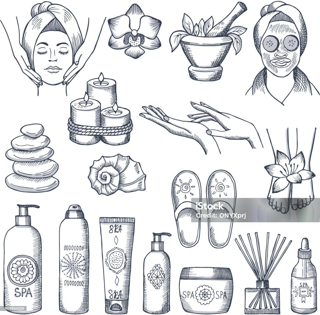 Illustrations set for spa salon. Candles, oils and stones, water therapy Illustrations set for spa salon. Candles, oils and stones, water therapy. Beauty therapy and spa relaxation for wellness vector Spa stock vector