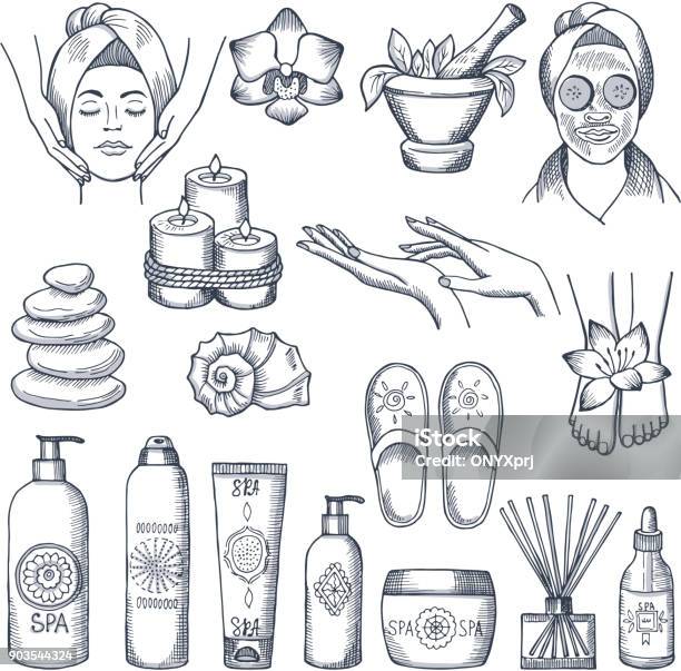 Illustrations Set For Spa Salon Candles Oils And Stones Water Therapy Stock Illustration - Download Image Now