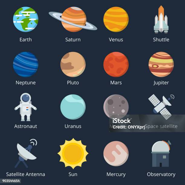 Ilustración de Planetas Del Sistema Solar Y Herramientas Diferentes Icono En Estilo Vector y más Vectores Libres de Derechos de Planeta