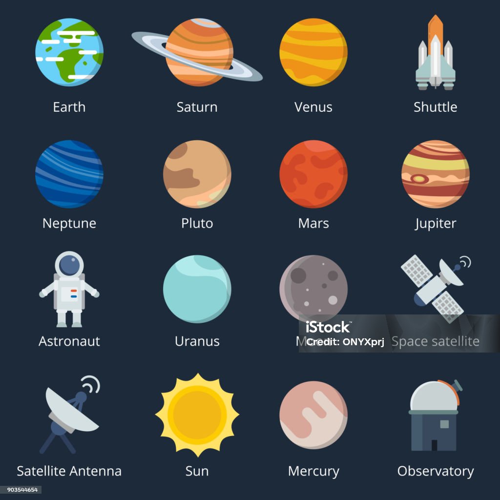Planets of solar system and different space tools. Icon set in vector style Planets of solar system and different space tools. Icon set in vector style. Illustration of planets and telescope, moon and shuttle Planet - Space stock vector