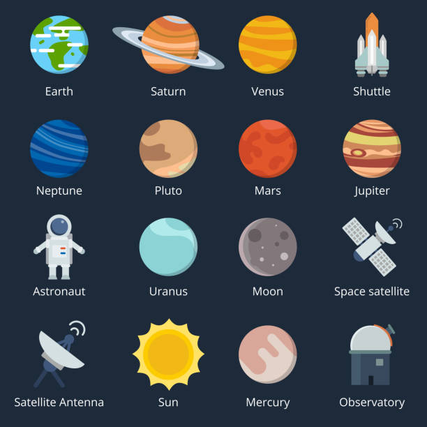 Planets of solar system and different space tools. Icon set in vector style Planets of solar system and different space tools. Icon set in vector style. Illustration of planets and telescope, moon and shuttle sun clipart stock illustrations