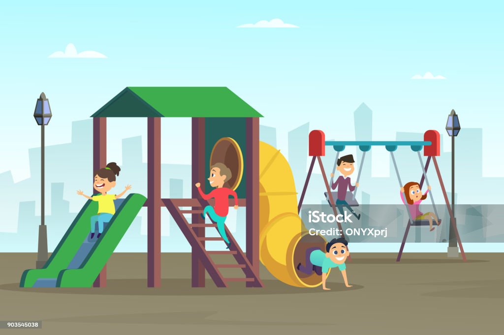 Happy childhood. Kids playing on playground. Area at public park Happy childhood. Kids playing on playground. Area at public park. Kindergarten and preschool area with swing. Vector illustration Child stock vector