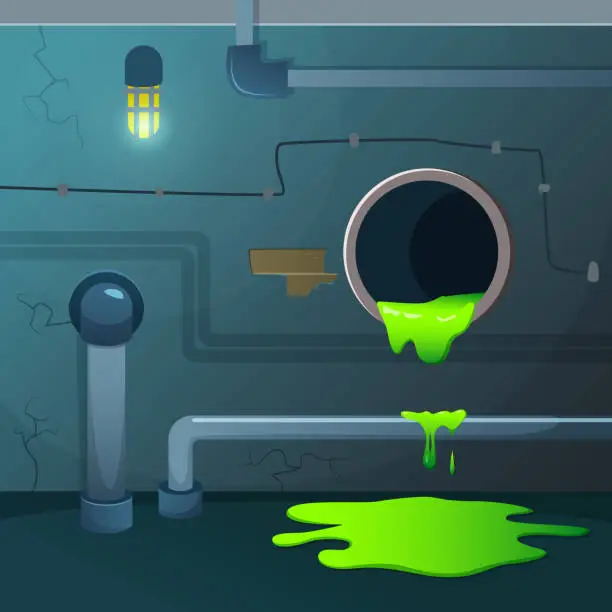 Vector illustration of Old basement. Acid dripping from pipe. Game background