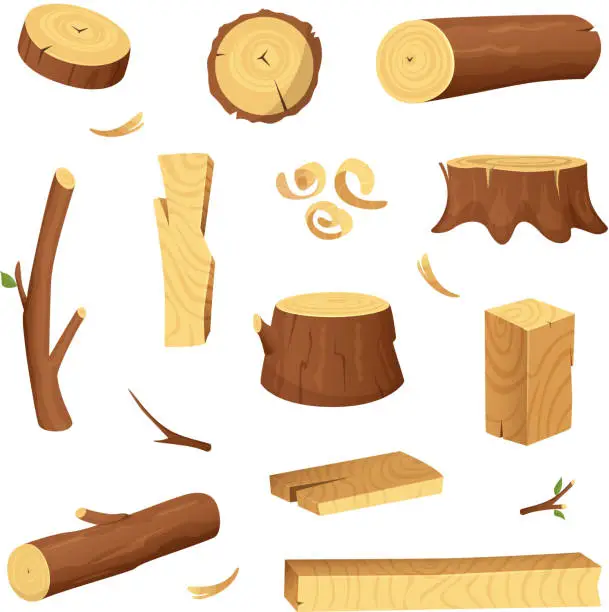 Vector illustration of Materials for wood industry. Tree lumber, trunk. Vector pictures set in cartoon style