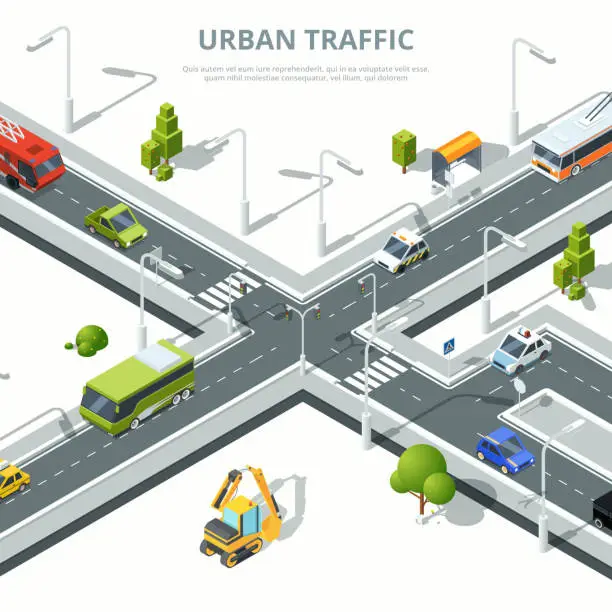 Vector illustration of City crossroad. Illustrations of urban traffic with different cars. Vector isometric pictures