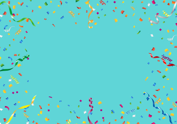 Colorful confetti and streamer frame on aqua background Vector EPS 10 format. party background stock illustrations