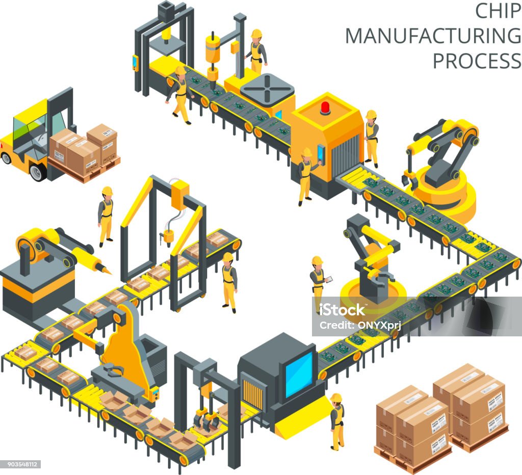 Industrial production of computer parts. Machinery tools for automation processes Industrial production of computer parts. Machinery tools for automation processes. Production machinery technology, industry machine equipment for factory manufacture, vector illustration Isometric Projection stock vector