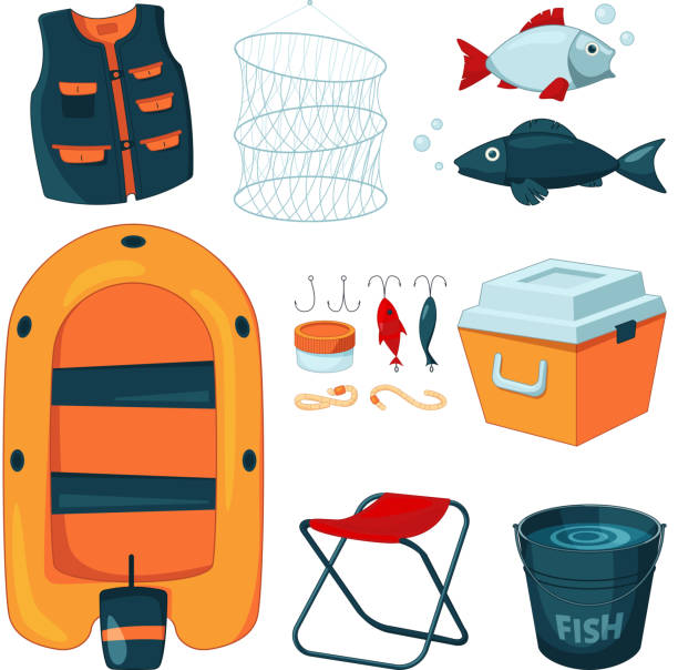 ilustrações de stock, clip art, desenhos animados e ícones de different tools for fishing. vector icons set in cartoon style - worm cartoon fishing bait fishing hook