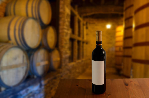 red wine tasting in an old wine cellar with wooden wine barrels in a winery - vinho do porto imagens e fotografias de stock