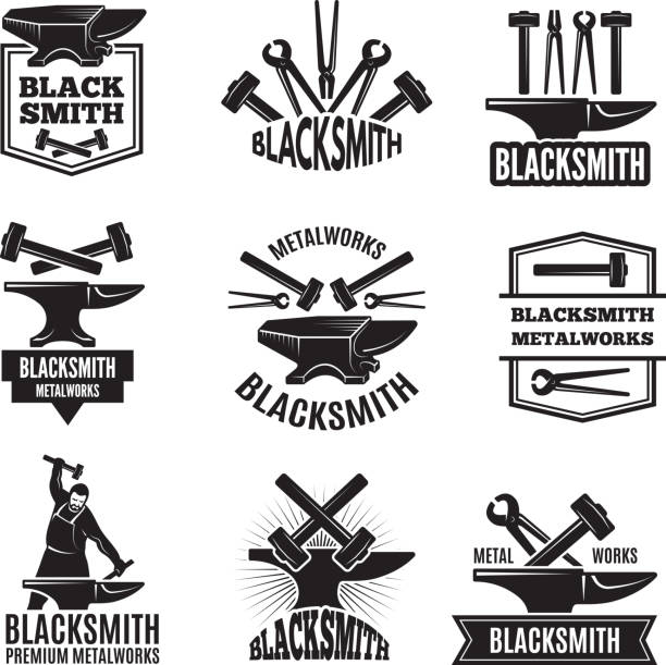 ilustraciones, imágenes clip art, dibujos animados e iconos de stock de s negro para herrero. conjunto de etiquetas vintage - herramientas de herrero