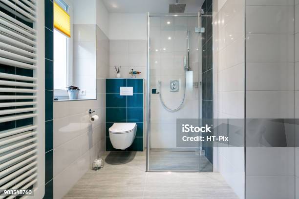 Luxury Bathroom With Walk In Glass Shower Horizontal Shot Of A Luxury Bathroom With Large Walkin Shower Stock Photo - Download Image Now