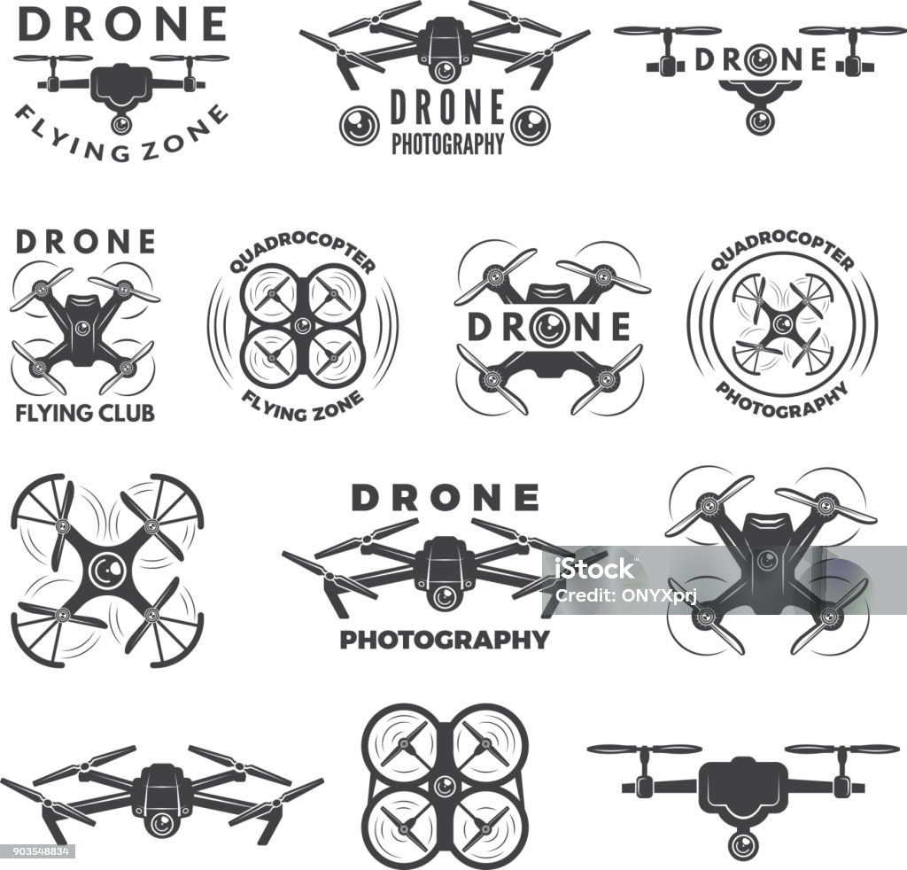 Set labels with different illustrations of drones Set labels with different illustrations of drones. Quadrocopter photography with propeller vector Drone stock vector