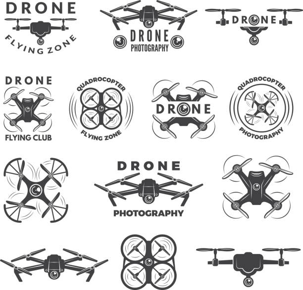 Set labels with different illustrations of drones Set labels with different illustrations of drones. Quadrocopter photography with propeller vector drone stock illustrations