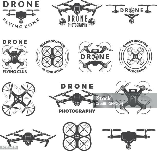 Set Labels With Different Illustrations Of Drones Stock Illustration - Download Image Now - Drone, Logo, Vector