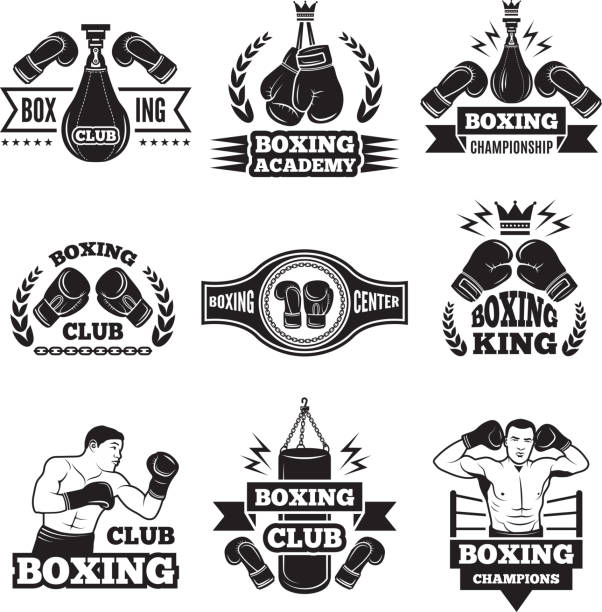 Monochrome labels set for boxing championship. Illustration of gloves and boxer Monochrome labels set for boxing championship. Illustration of gloves and boxer. Emblem label for boxing club or competition vector boxing stock illustrations