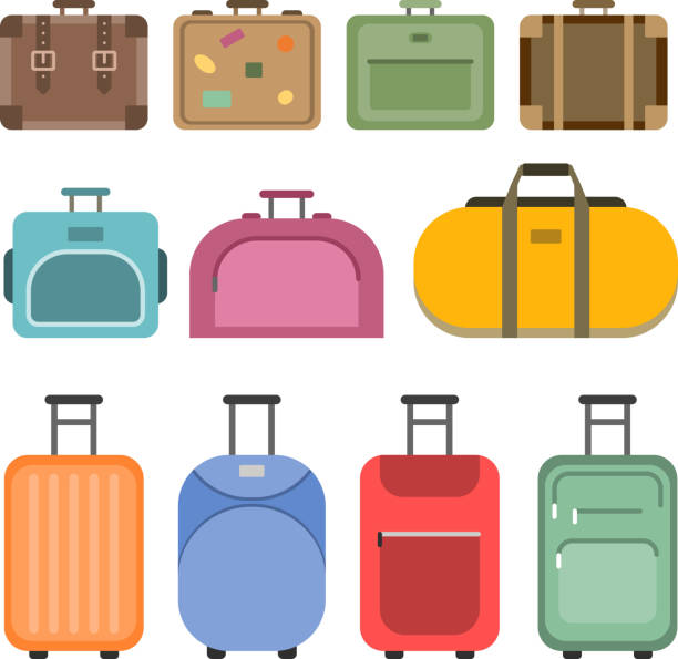 ilustraciones, imágenes clip art, dibujos animados e iconos de stock de manejar diferentes bolsas y maletas de viaje. fotos de estilo plano - luggage