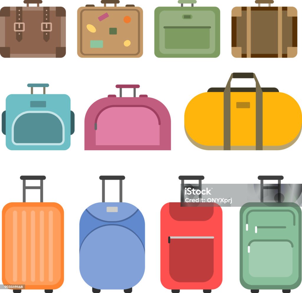 Different handle bags and travel suitcases. Pictures in flat style Different handle bags and travel suitcases. Pictures in flat style. Set of colored luggage and suitcase, baggage and bag for trip and tourism. Vector illustration Suitcase stock vector