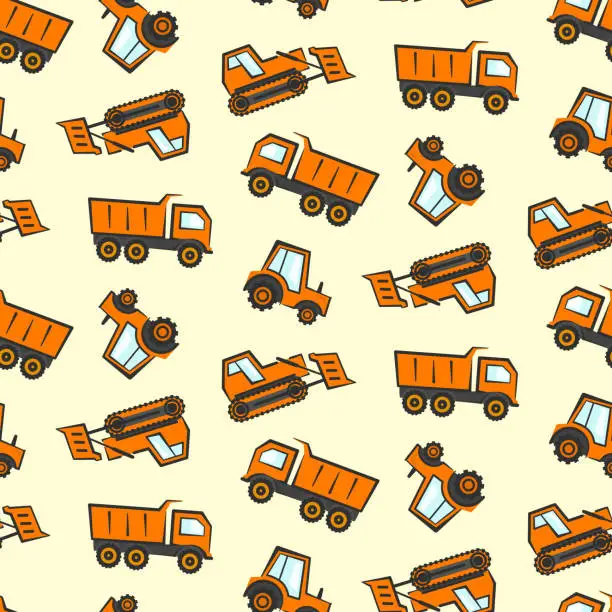 Vector illustration of Cute kids pattern with flat orange dozer, tractor