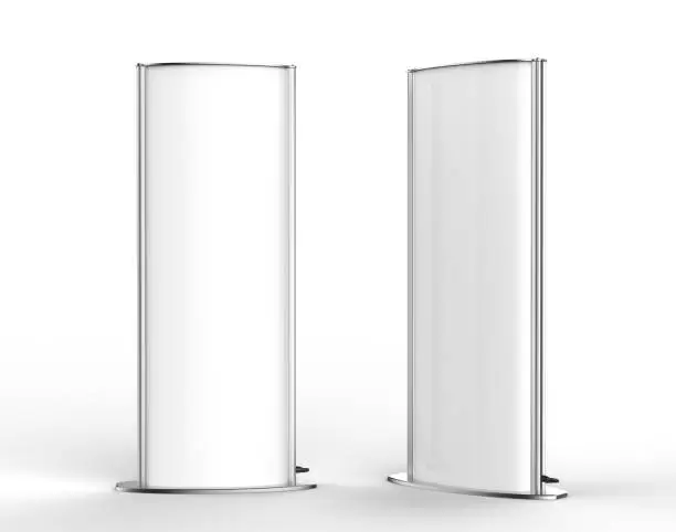 Photo of Curved totem poster light advertising display stand. 3d render illustration.