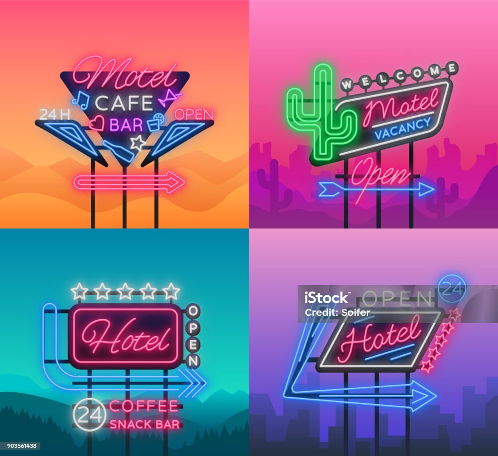 Hotel e Motel sono una collezione di insegne al neon. Illustrazione vettoriale. Collezione di cartelloni retrò, cartellone con indicazione di hotel o motel, pubblicità al neon notturna dell'hotel, banner luminoso - arte vettoriale royalty-free di Neon