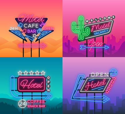 Hotel and Motel are collection of neon signs. Vector illustration. Collection of Retro signboards, billboard with an indication of hotel or motel, night neon advertisement of hotel, luminous banner.