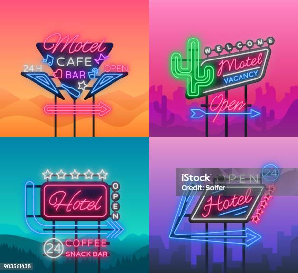 Hotel And Motel Are Collection Of Neon Signs Vector Illustration Collection Of Retro Signboards Billboard With An Indication Of Hotel Or Motel Night Neon Advertisement Of Hotel Luminous Banner Stock Illustration - Download Image Now