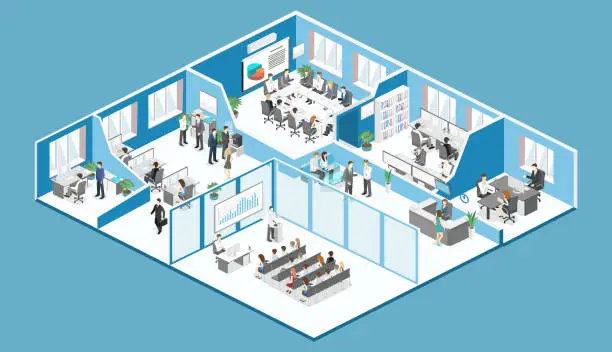 Vector illustration of Isometric interior departments concept vector. conference hall, offices, workplaces