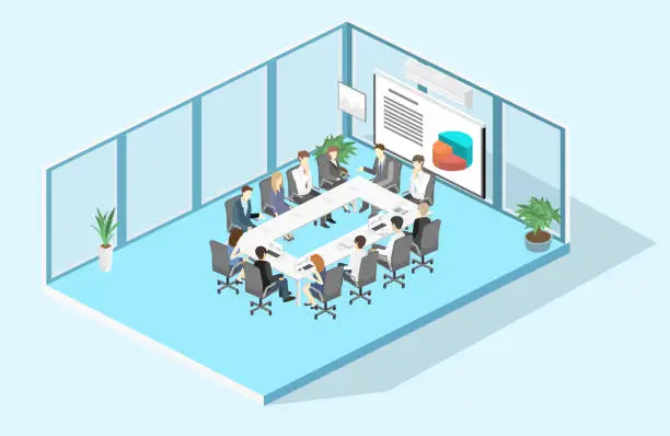 Vector illustration of Business meeting in an office Business presentation meeting Isometric interior