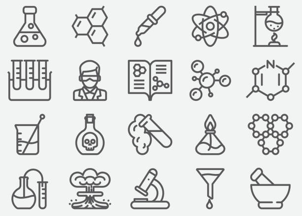 ilustrações de stock, clip art, desenhos animados e ícones de chemical line icons - microscope scientist science vector