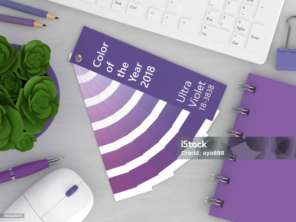 3d render of stationery with color palette guide 3d render of stationery with color palette guide lying on wooden desk. Ultraviolet. Color of the year 2018. 2018 Stock Photo