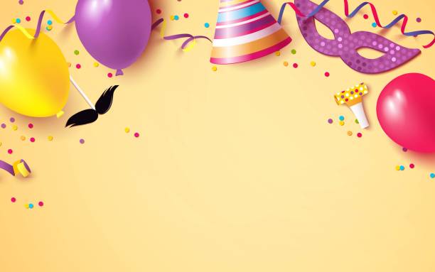 Carnival background flat lay. Carnival background flat lay. Carnival mask, streamers, confetti, balloons on beige background. Vector illustration purple and gold masquerade masks stock illustrations