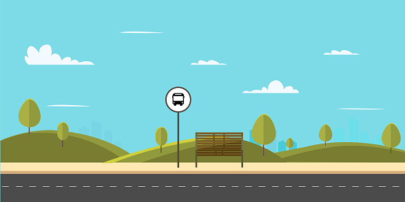 Bus stop on main street city.Public park with bench and bus stop with sky background.Vector illustration