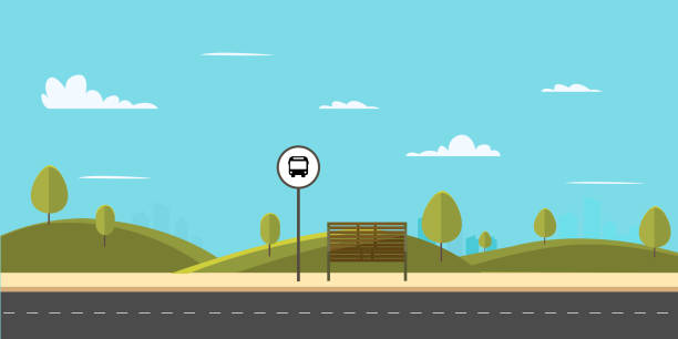 Bus stop on main street city.Public park with bench and bus stop with sky background.Vector illustration Bus stop on main street city.Public park with bench and bus stop with sky background.Vector illustration roadside stock illustrations