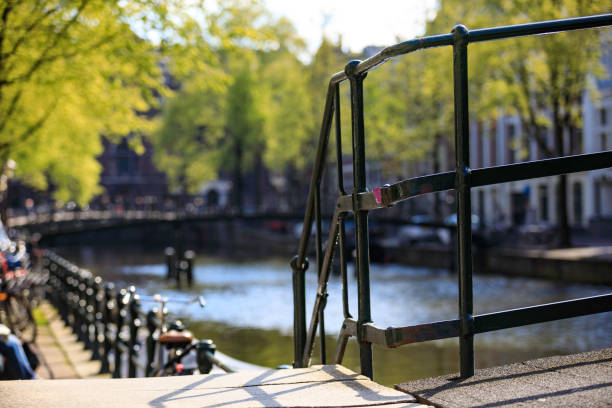Amsterdam city scene with typical water canal and bridge in sunny day