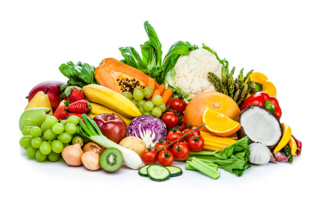 healthy fresh fruits and vegetables heap isolated on white background - cauliflower vegetable white isolated imagens e fotografias de stock